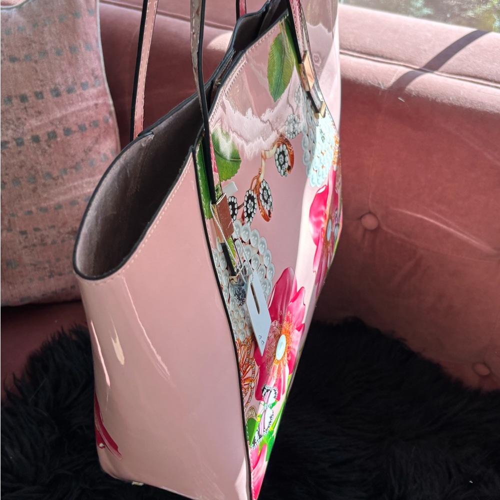 Pink Floral Patent Tote Bag with Pearl and Jewel Accent - Picture 4 of 5